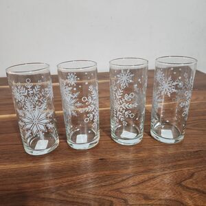 Glitter Snowflake Drinking Glass Coolers 16oz Tumblers Set of 4 Winter Christmas
